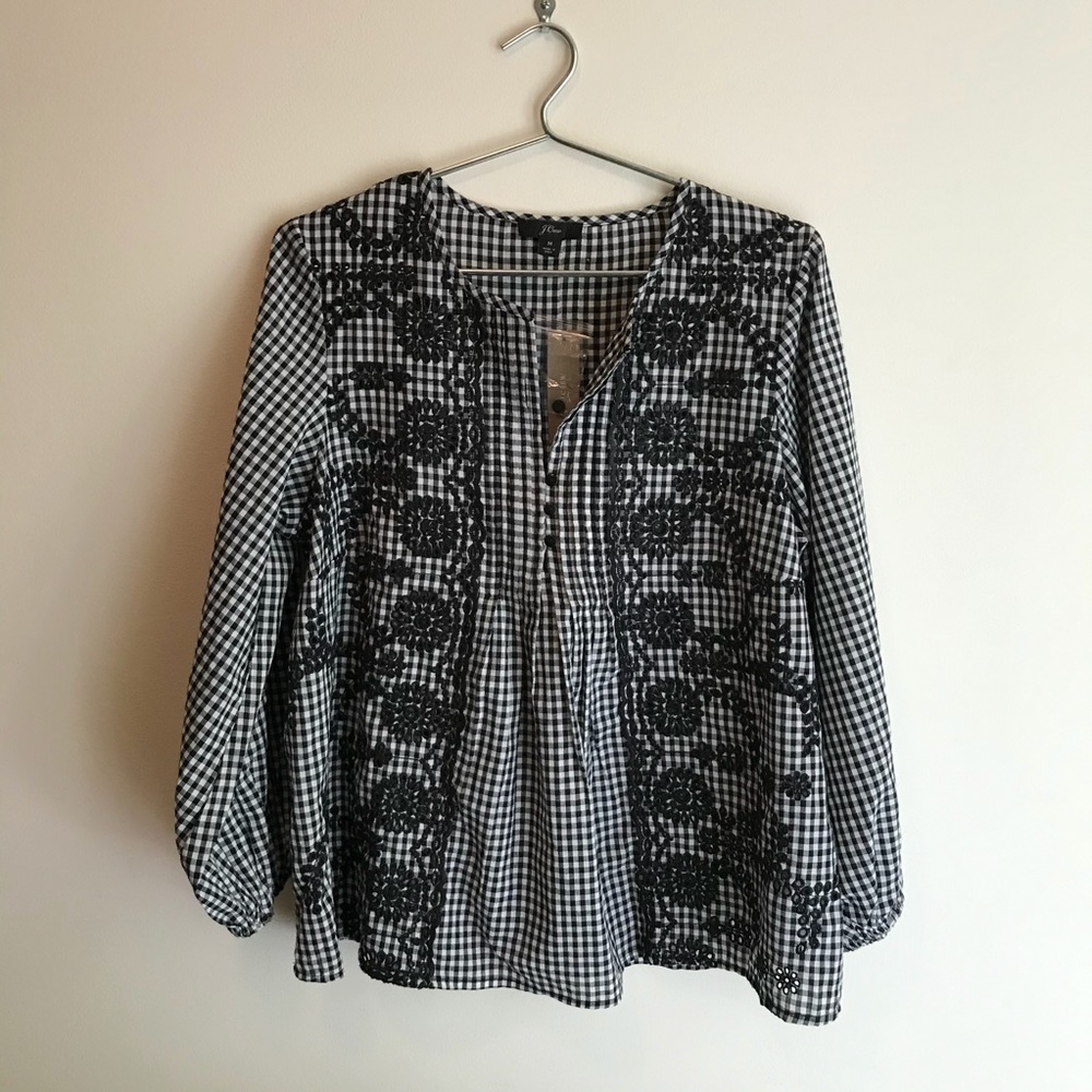 J. Crew | Gingham Check Embroidery Blouse